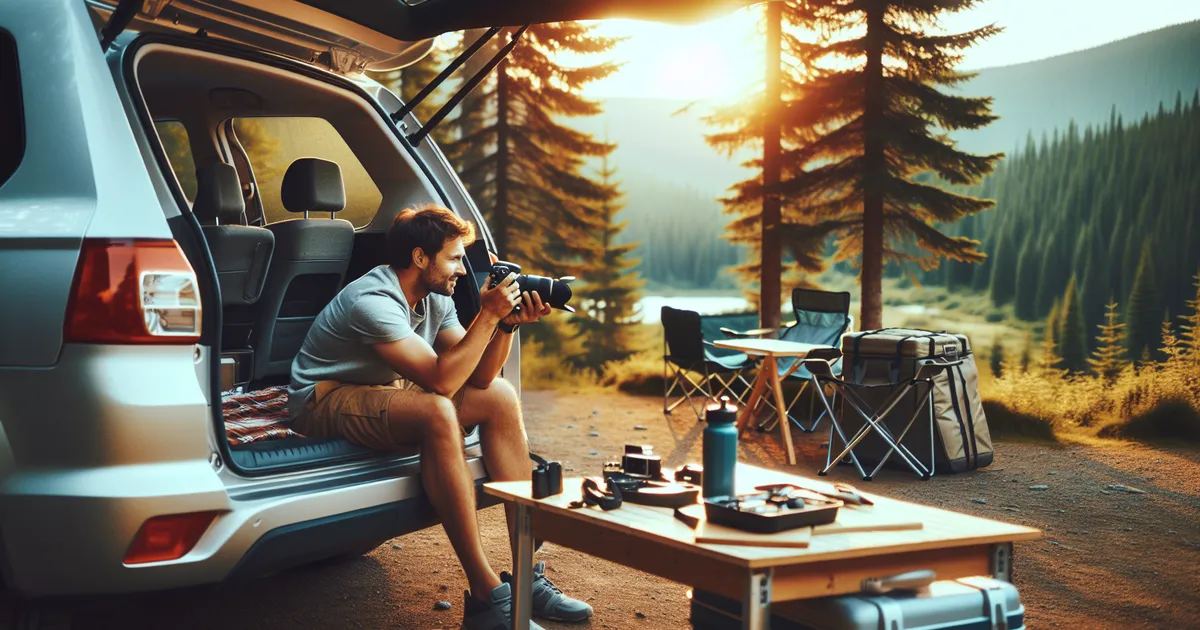 Generate an image with a person actively enjoying car camping