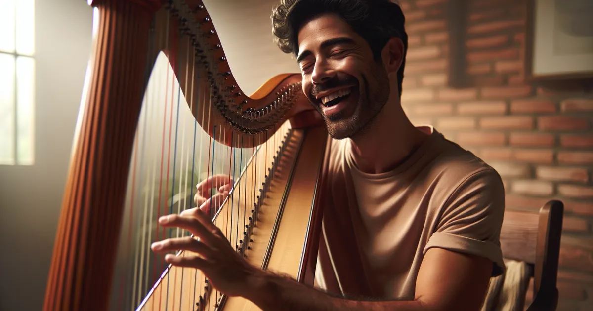 Generate an image of a Hispanic man enjoying himself while playing the harp