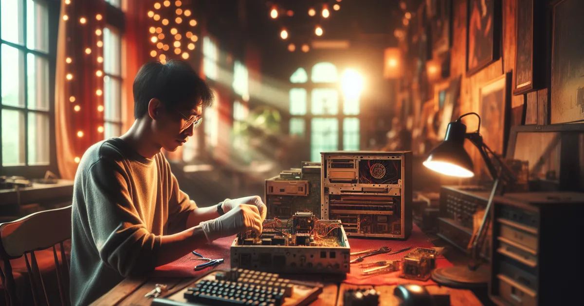 An individual deeply engrossed in the process of restoring vintage computers amidst a backdrop of an inviting and warm-l