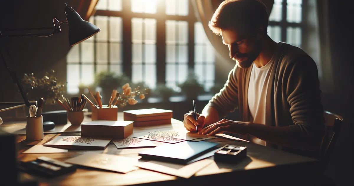 An image portraying an individual deeply absorbed in the creative process of card making