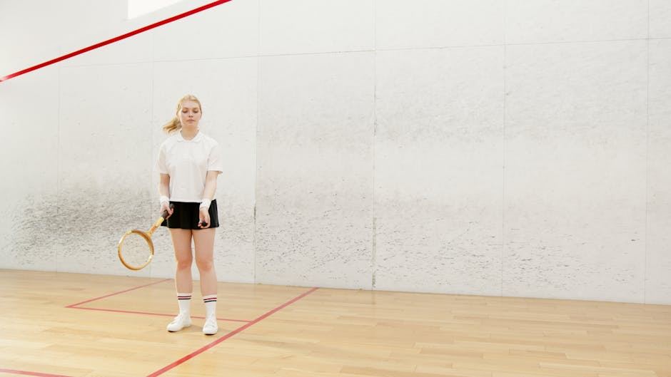 A young female player stands in a squash court, dressed in a white t-shirt and black shorts, holding a squash racket. She appears focused, with her hair tied back, ready to play. The court features a smooth wooden floor and marked lines on the walls and floor, indicating the play area.