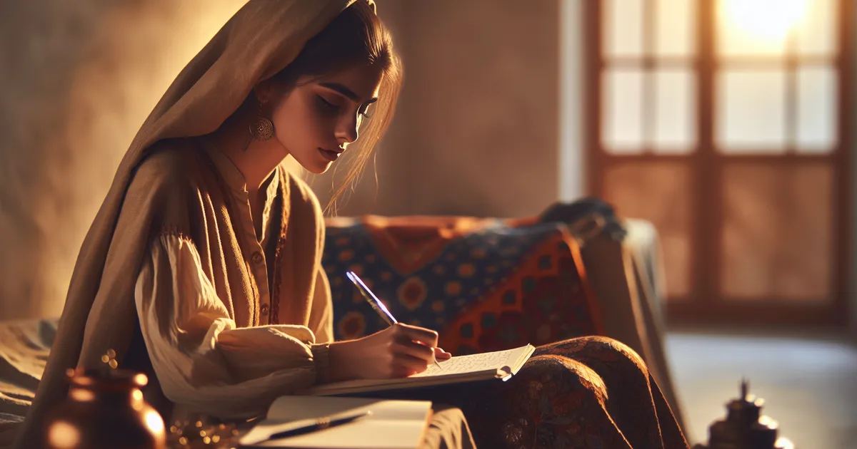 Depict a Middle-Eastern woman immersed in the process of writing poetry