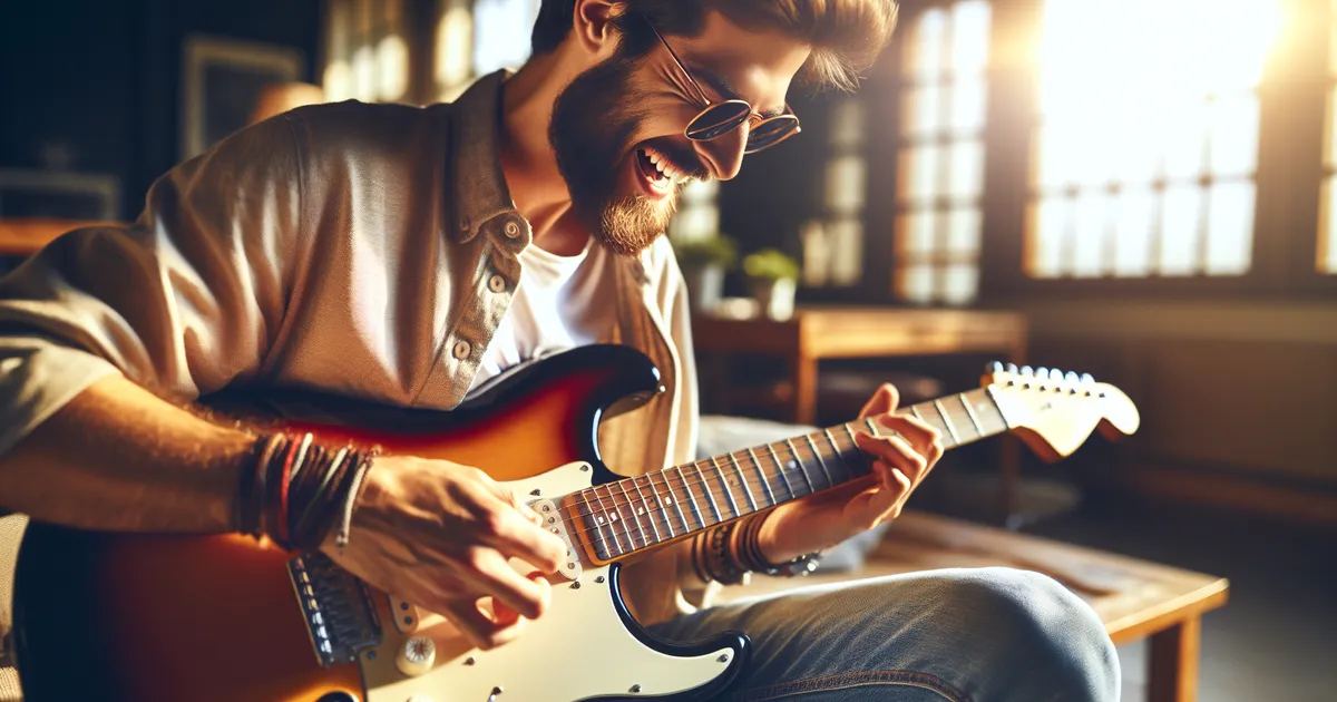 A joyful individual engrossed in playing an electric guitar