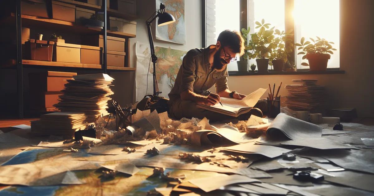 An individual immersing themselves in the creative process of worldbuilding