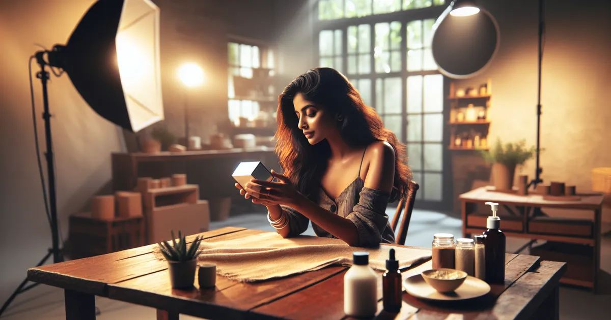 An image portraying a South Asian female deeply engrossed in the process of product photography