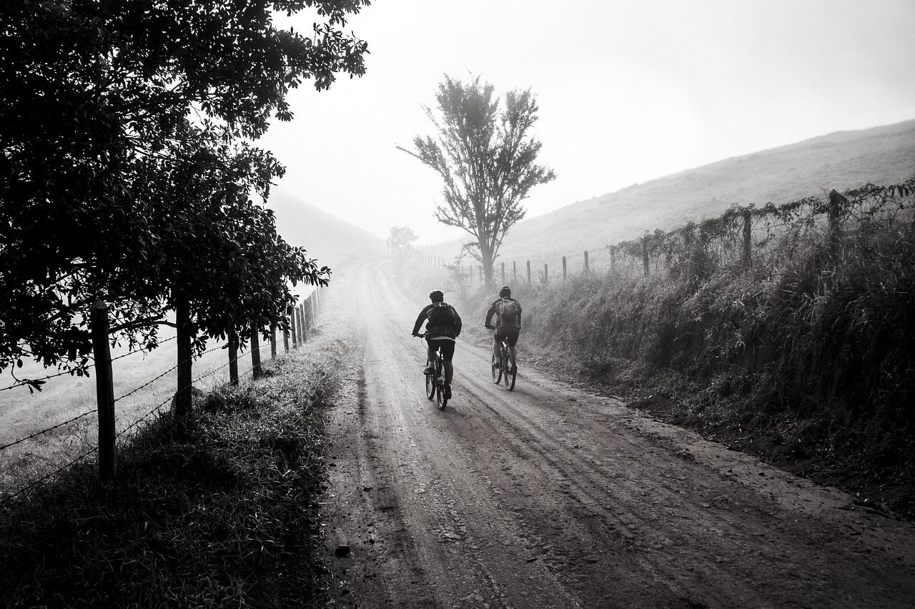 Two mountain bikers ride on a misty dirt path, exploring the outdoors. Is Mountain Biking for you? Let's find out!