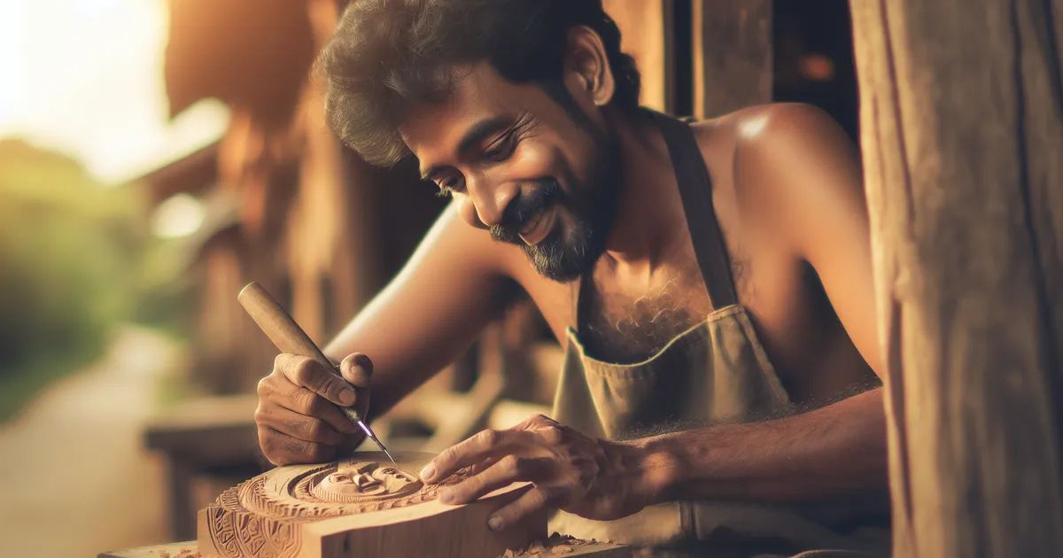 A South Asian man engaging in the process of Chip Carving, a type of woodwork