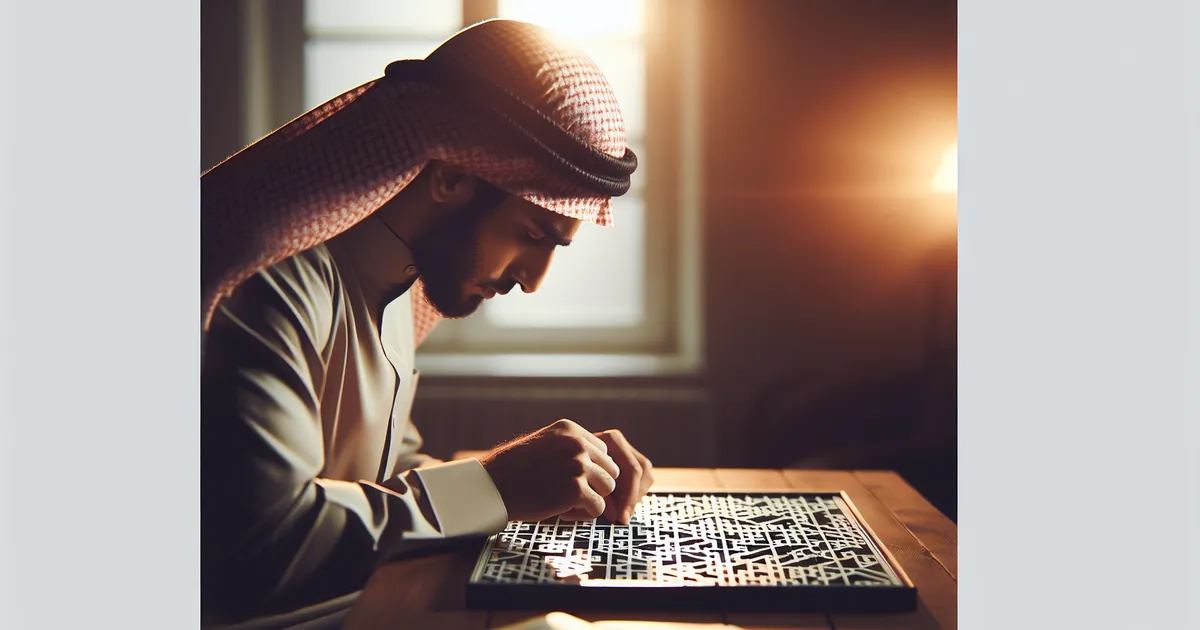 A high-resolution professional lifestyle image of a Middle-Eastern male deeply engrossed in solving Logic Grid Puzzles,