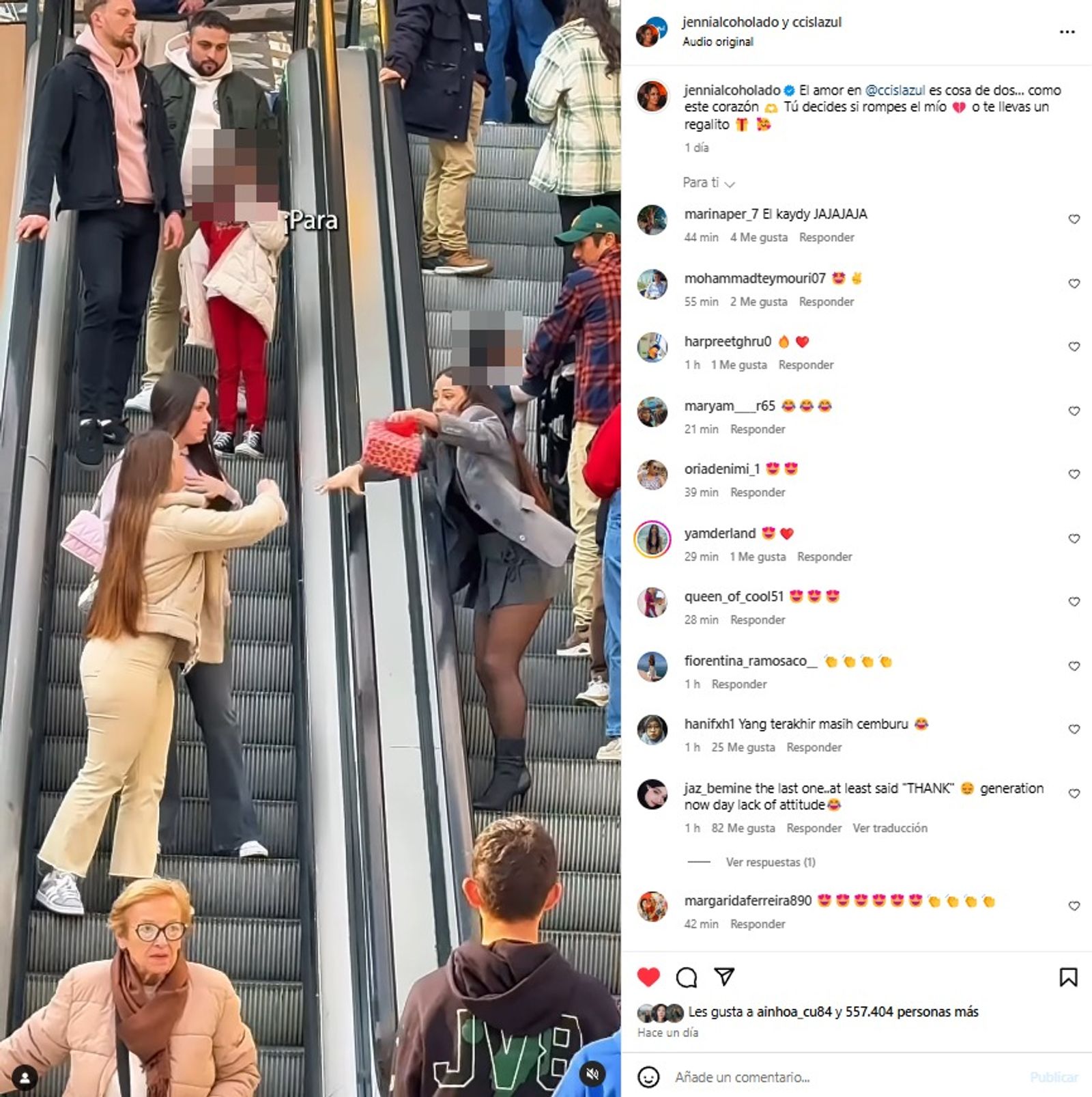 Publicación de Instagram del challenge: la influencer, en las escaleras mecánicas de Islazul, ofrece una caja de regalo roja a quienes bajan.