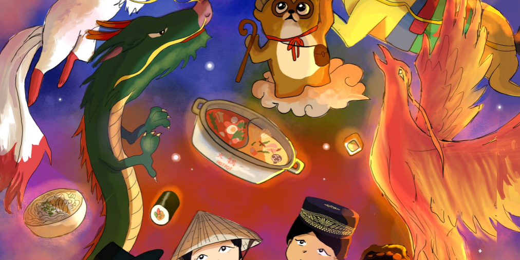 Various mythological animals and people wearing traditional clothes