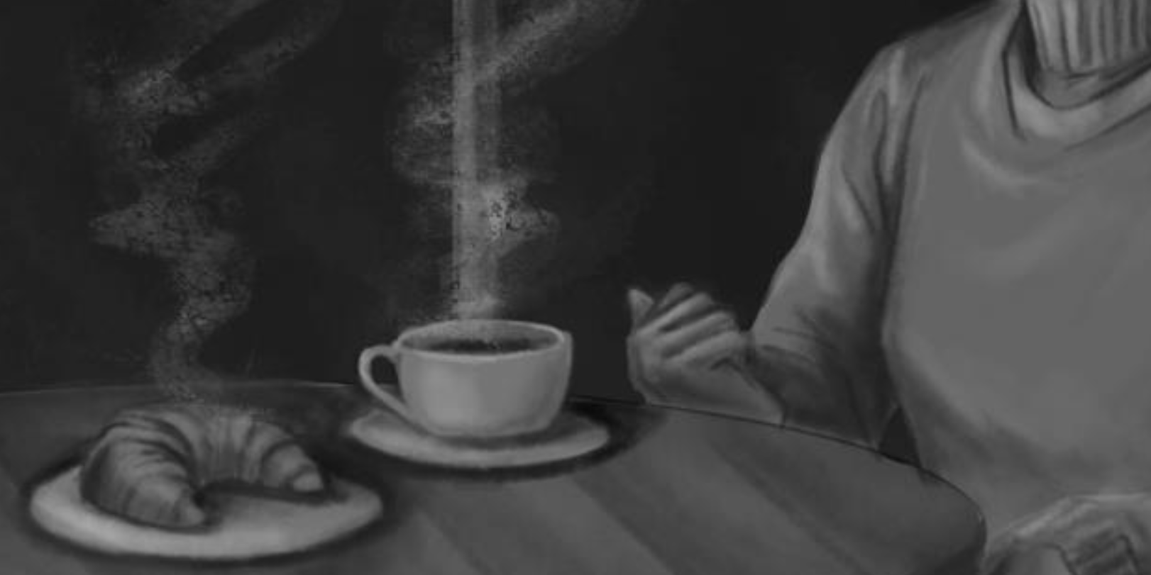 A woman sitting at a table with a cup of coffee and a croissant