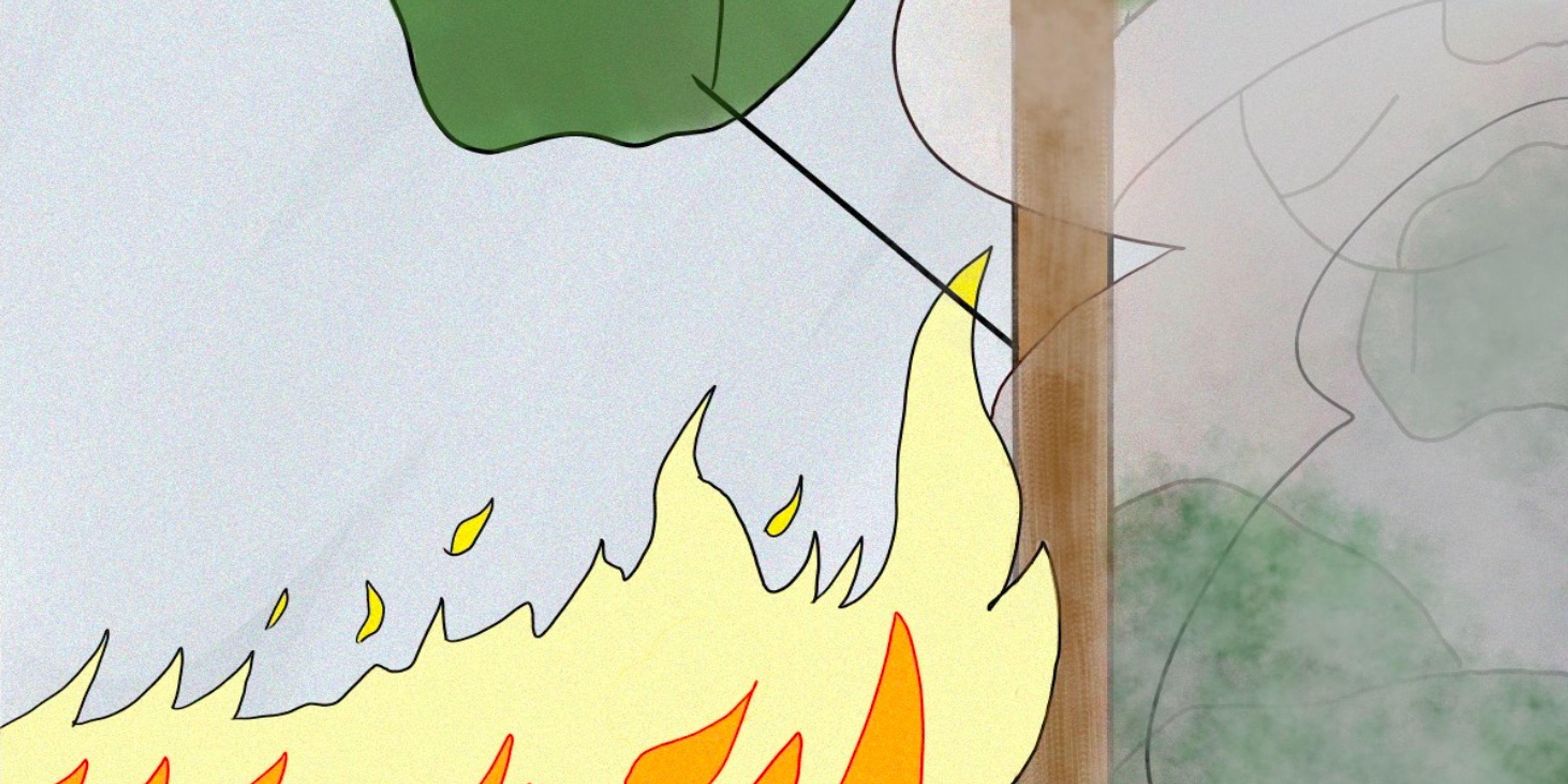 A cartoon of a forest fire with a tree in the background .