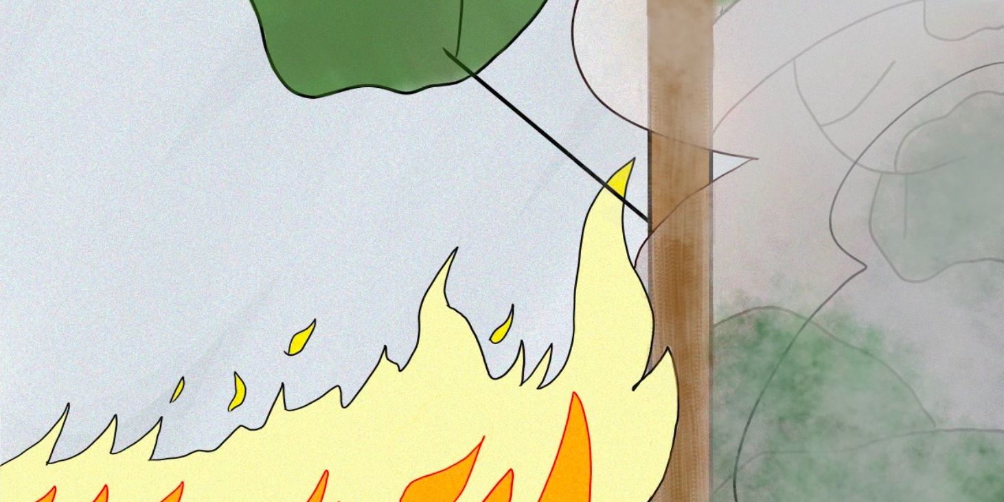 A cartoon of a forest fire with a tree in the background .