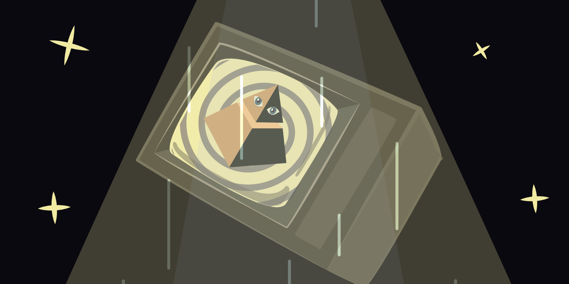 A cartoon drawing of a pyramid with a face on it