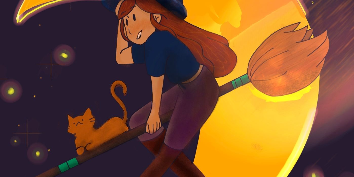A witch is flying on a broom with a cat at night.