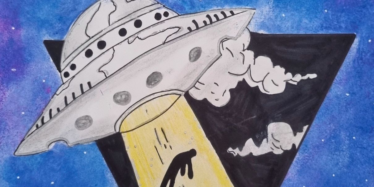 Hand drawn drawing of person abducted by UFO