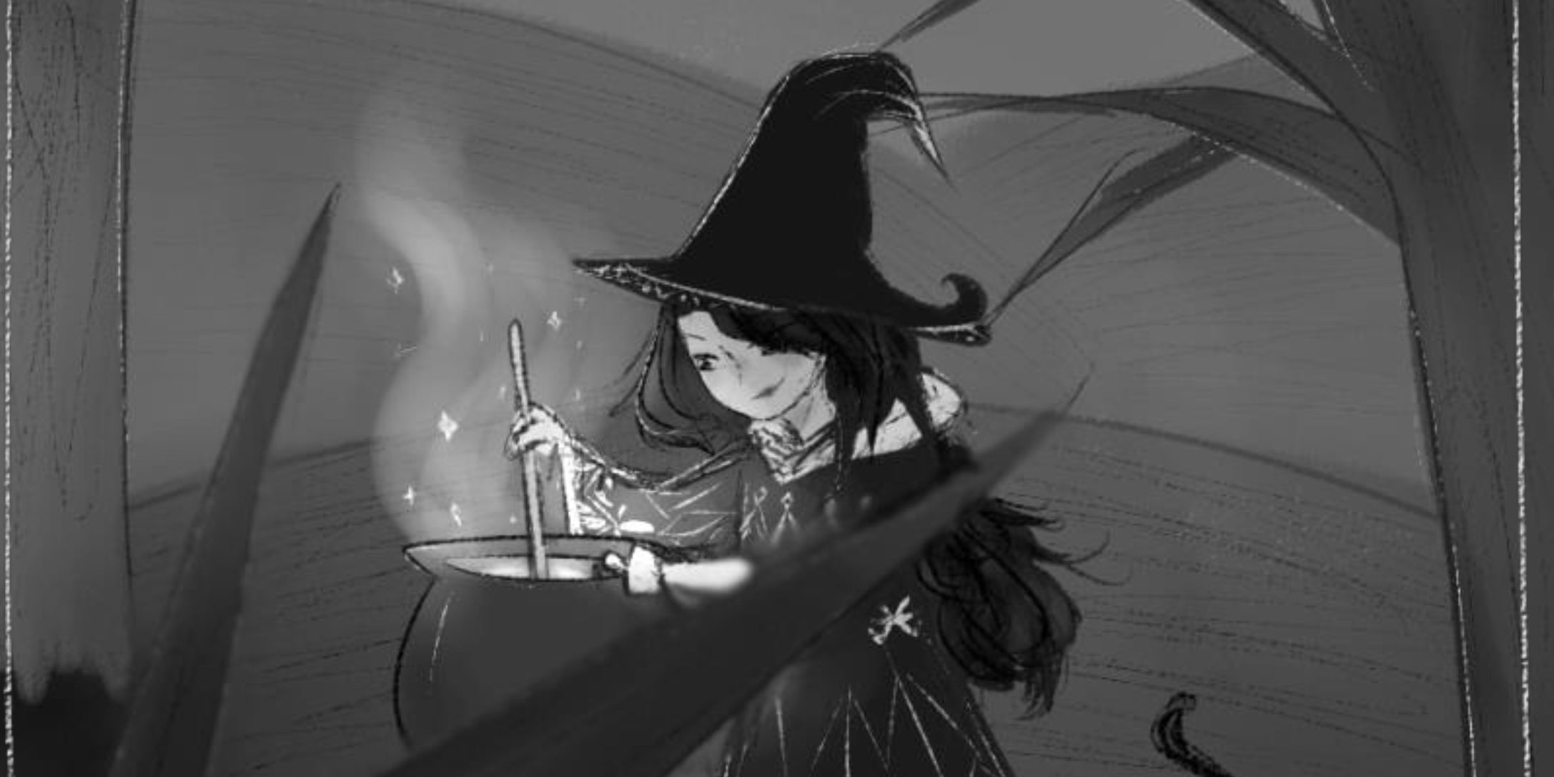 A black and white drawing of a witch stirring a cauldron