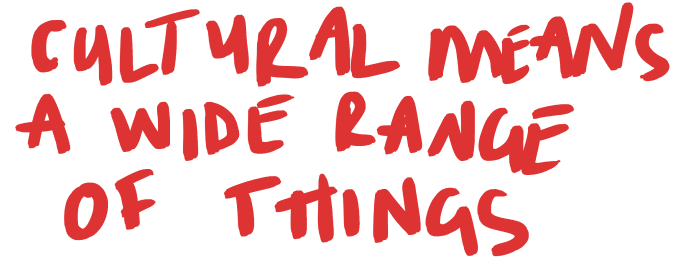 Handwritten text saying "Culture means a wide range of things"