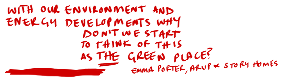 Handwritten text saying "With our enviroment and energy developments why don't we start to think of this as the green place?"