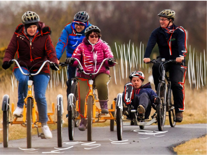 A group riding bikes.
