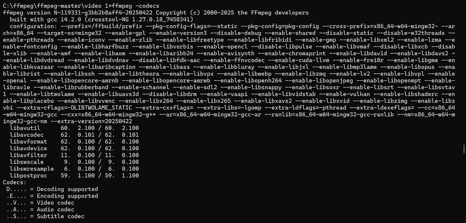 Listing All Supported Codecs