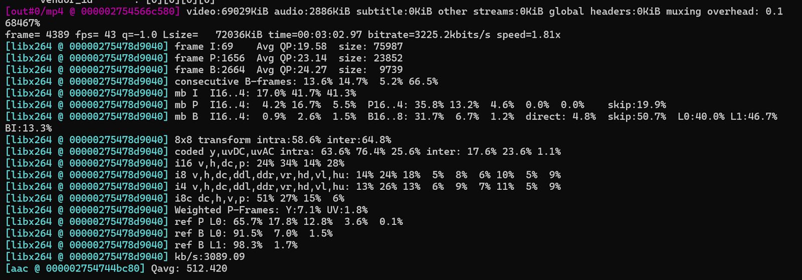 FFmpeg Console Output Showing Combined Contrast and Saturation Adjustment