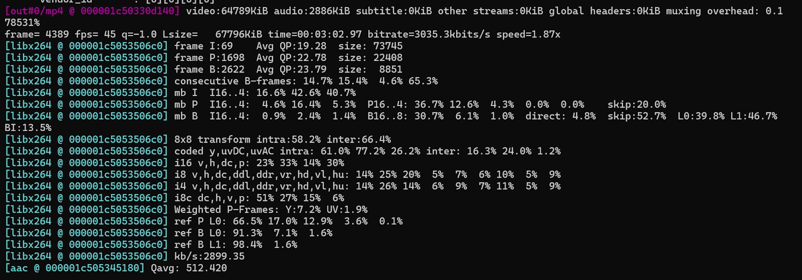 FFmpeg Console Output Showing Saturation Adjustment