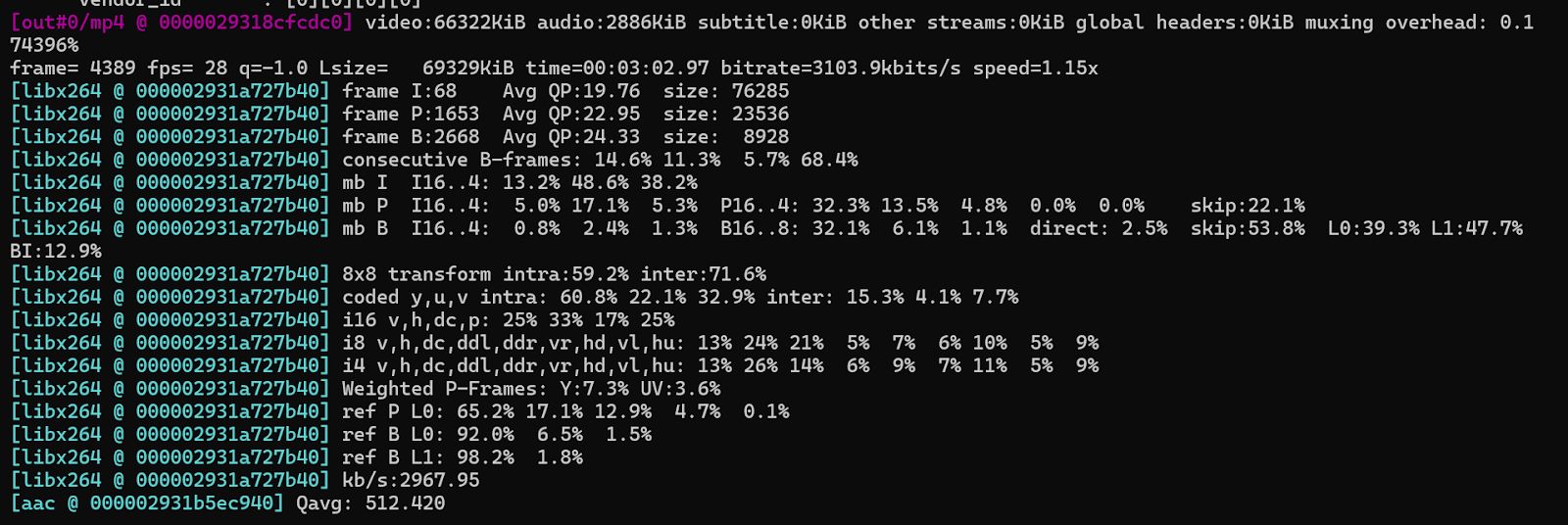 FFmpeg Console Output Demonstrating Color Balance Filter Application