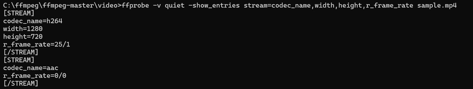 FFprobe Output Displaying Video Stream Codec, Resolution, and Frame Rate