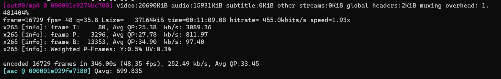 FFmpeg H.265 Encoding Terminal Output