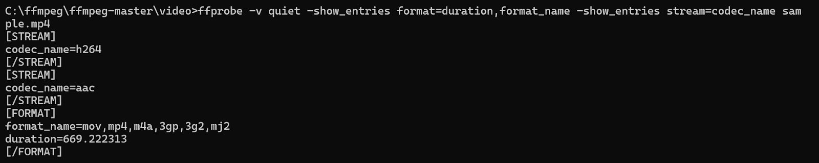FFprobe Output Displaying Selected Metadata Fields (Duration, Format, Codec Name)