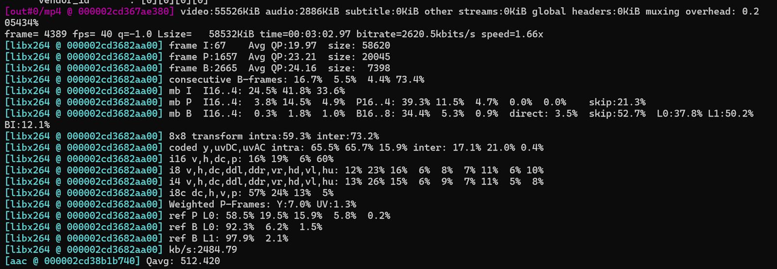 FFmpeg Console Output Showing Vignette Filter Application on Video