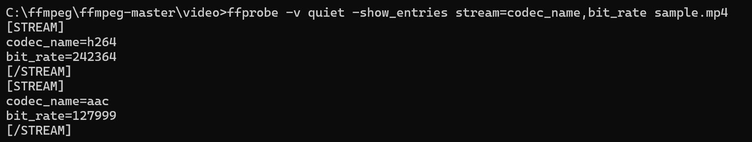 FFprobe Output Showing Audio Stream Codec and Bitrate Information