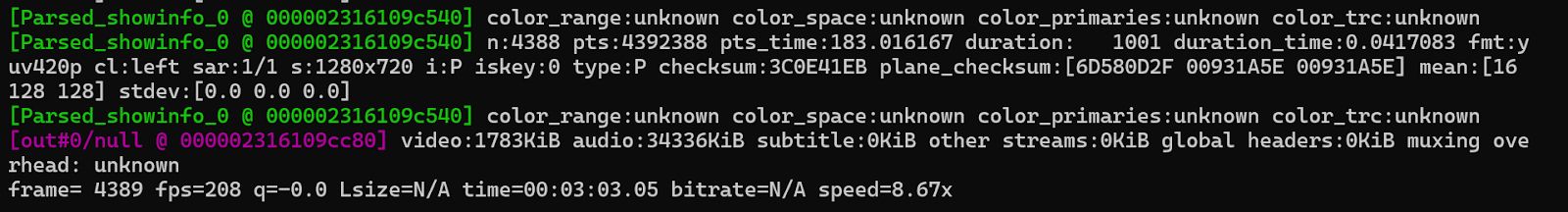 FFmpeg Output Showing Frame-by-Frame Analysis Using showinfo Filter