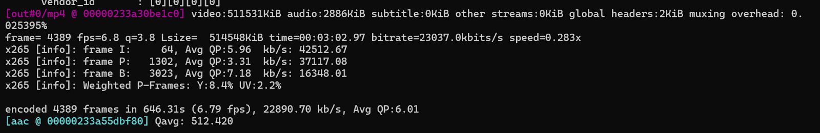 FFmpeg Output Demonstrating 25 Mbps Bitrate for HDR10 Encoding