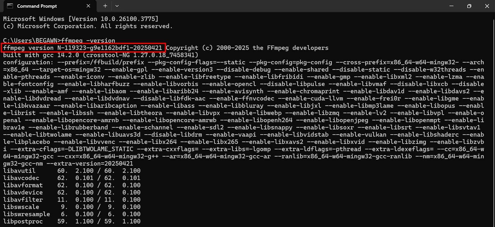 Verifying FFmpeg Installation Using the ffmpeg -version Command