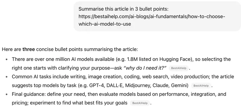 Example of prompt asking AI to "Summarise this article in 3 bullet points" and a link to the article. Includes the AI answer