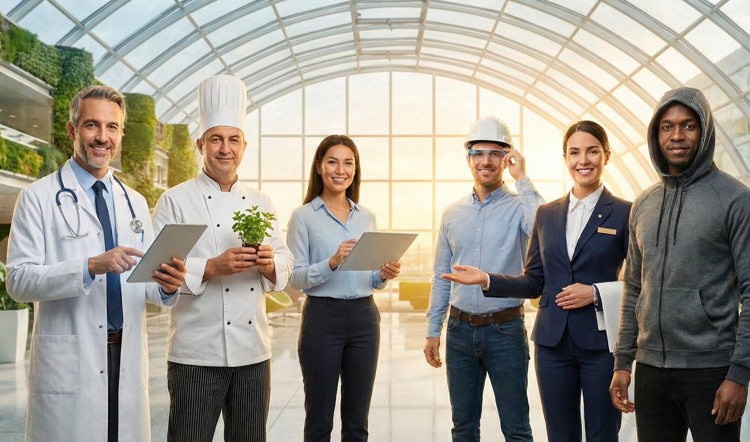 A group of professionals (doctor, chef, businesspeople, construction worker, service industry) standing in a bright, modern, glass atrium.