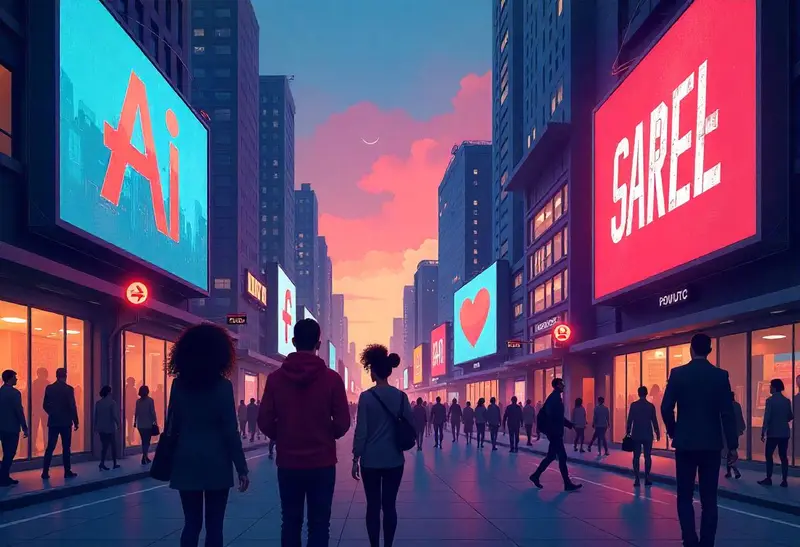 A concept image of AI merging with marketing, showing a futuristic city with digital billboards adapting in real time based on AI-driven audience insights