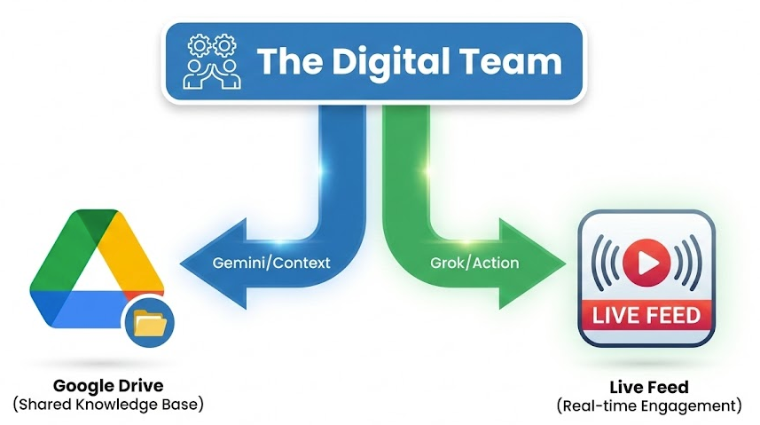 Diagram illustrating when to use Gemini Gems for internal context versus Grok Projects for real-time external data.
