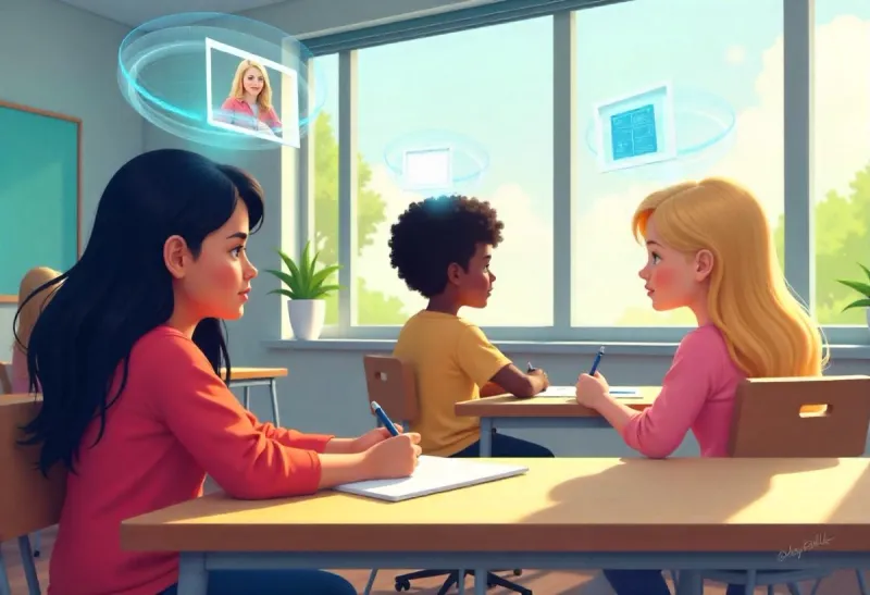 A classroom with students using holographic AI tutors or augmented reality learning tools
