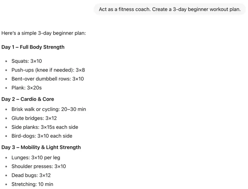 Screenshot of a prompt asking AI: “Act as a fitness coach. Create a 3-day beginner workout plan.” with the AI response showing the full plan.