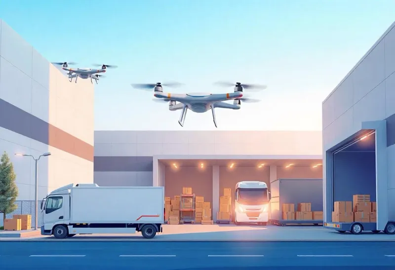 A smart logistics hub with autonomous delivery drones and self-driving trucks