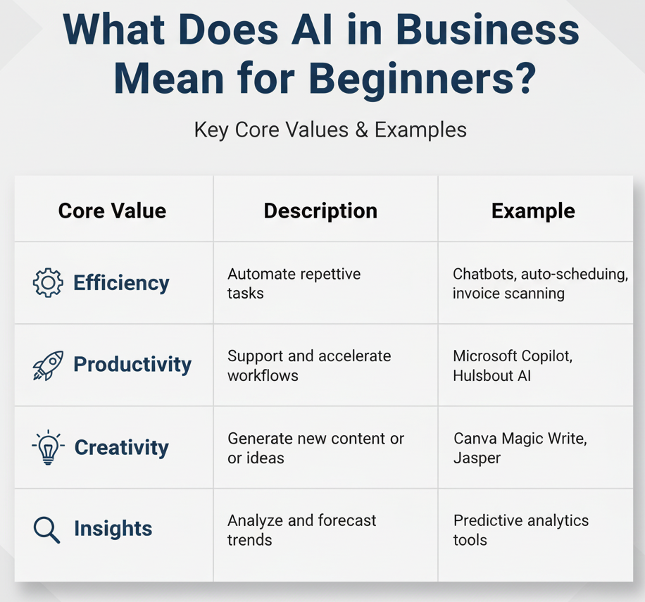 Table showing core AI business values like efficiency, productivity, creativity, and insights, covered in many ai online courses for beginners.