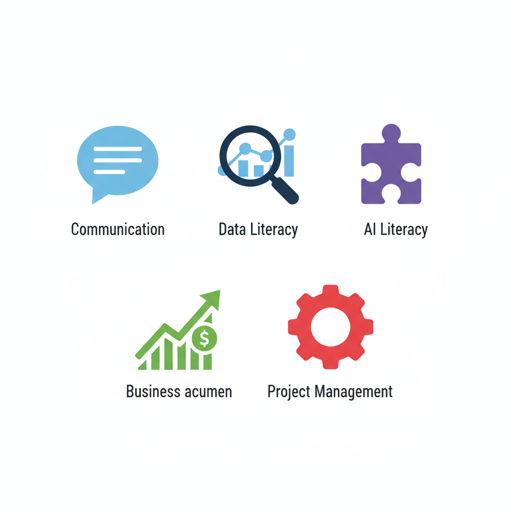 A clean, geometric vector illustration of 5 abstract shapes representing non-technical AI skills.