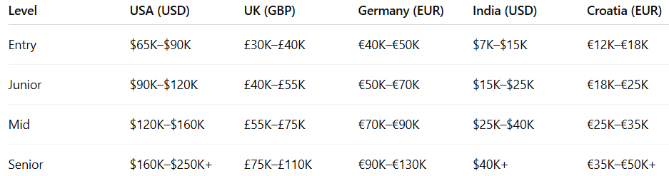 A table showing different salary ranges in different currencies for different seniorities ranging from entry-level to senior level