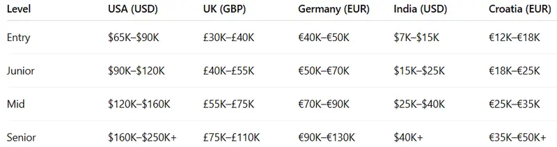 A table showing different salary ranges in different currencies for different seniorities ranging from entry-level to senior level