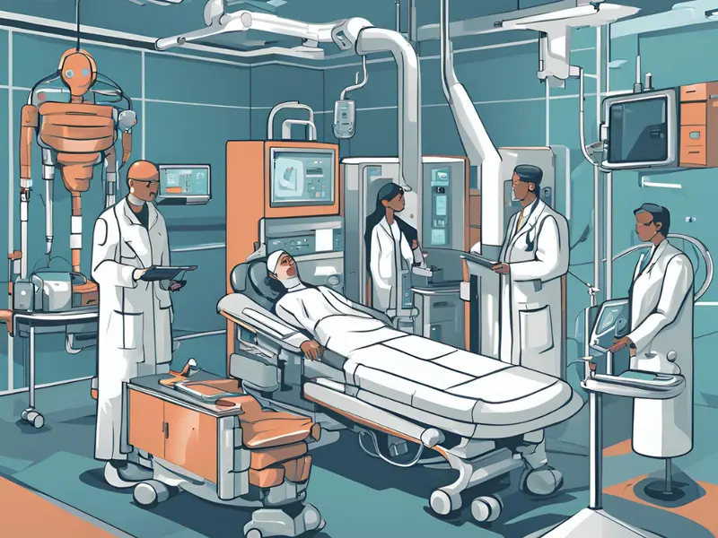 A 2D digital image with a illustration style about a futuristic hospital with robots assisting patients and doctors