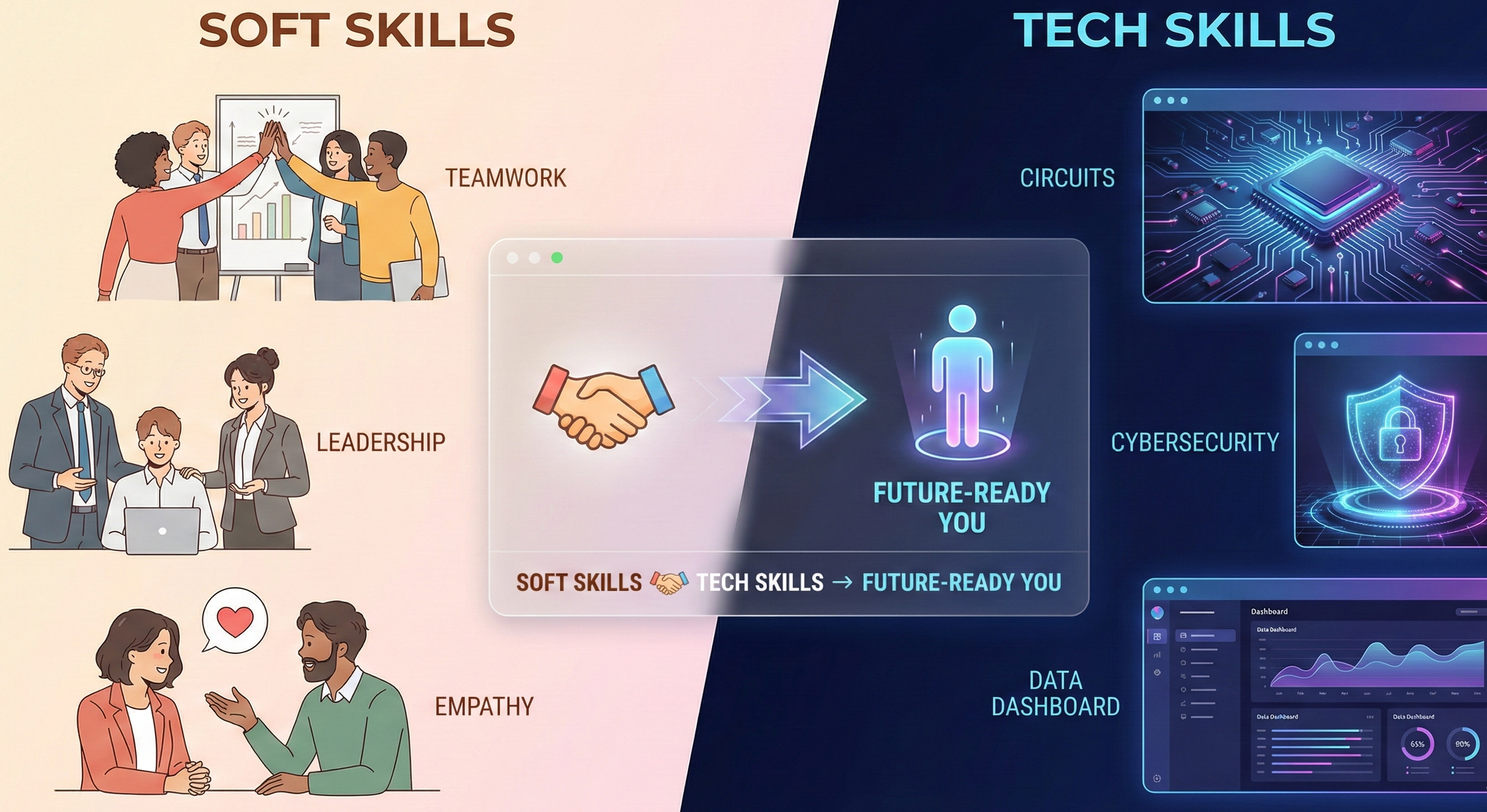 Diagram showing soft skills (teamwork, leadership, empathy) combined with tech skills (circuits, cybersecurity, data dashboard) to create a "Future-Ready You"
