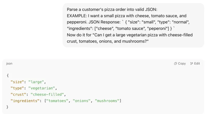 Example of prompt asking AI to parse customer orders into valid JSON, including an example and the answer from the AI